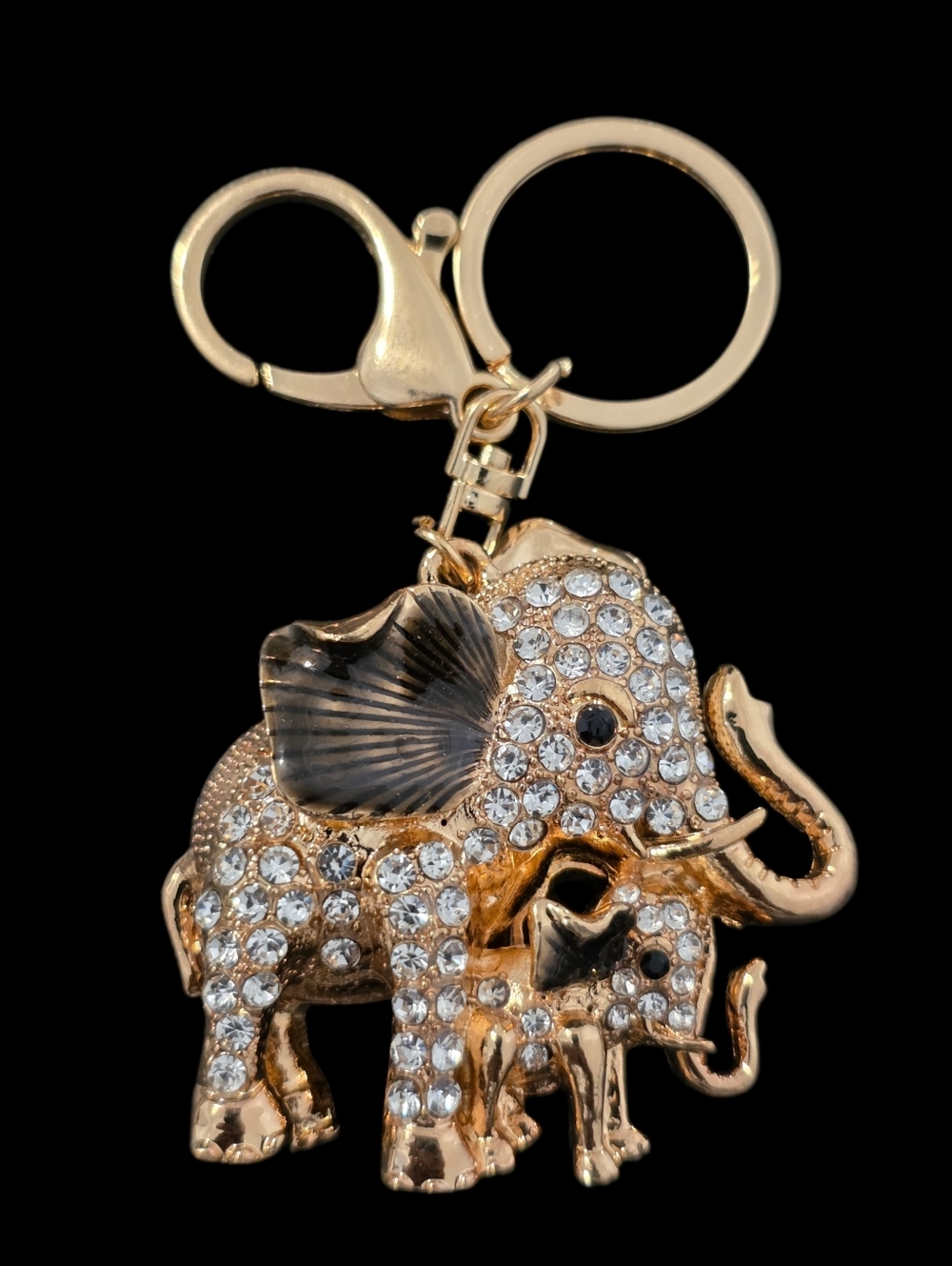 Gold-Tone Crystal Elephant Bag Charm Keychain with Black Accent